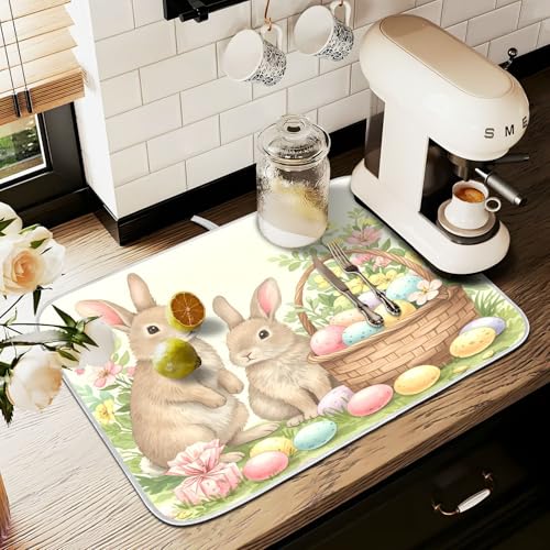 Cute Easter Bunny Rabbit Eggs Dish Drying Mat for Kitchen Counter Absorbent Microfiber Large Drying Pad Dish Mats for Kitchen Countertops 18 x 24 Inch