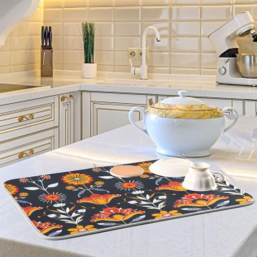 Floral Folk Art Dish Drying Mat for Kitchen Counter Absorbent Microfiber Drying Pad