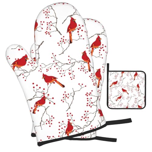 Cardinal Bird Red Berry Decor Oven Mitts and Pot Holders Sets of 3 (3 Count)
