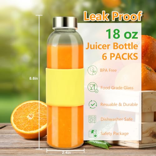 18 oz Glass Juice Bottles with Stainless Steel Lid Leak Proof 6 Pack (6 Count)