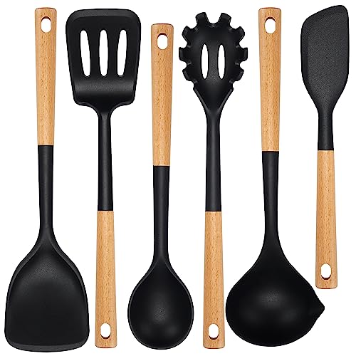 6 Pcs Silicone Kitchen Utensils Set Wood Handle BPA (6 Count)