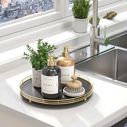 13 Inch Oak Lazy Susan Vanity Tray with Gold Metal Rail