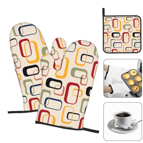 Mid Century Modern Retro Oven Mitts and Pot Holders Sets of 3 Vintage Decorative Heat Resistant Non Slip BBQ Gloves for Cooking Grilling Baking Kitchen Decor (3 Count)