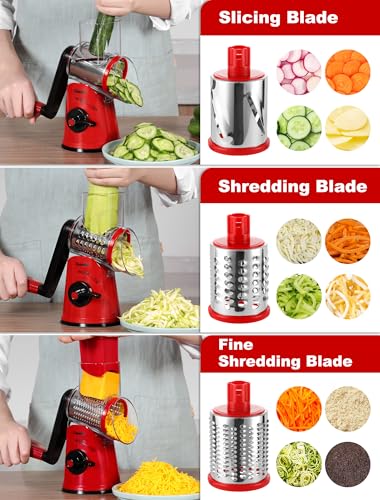 Rotary Cheese Grater Vegetable Shredder With 6 Interchangeable Blades No Slip Suction Base