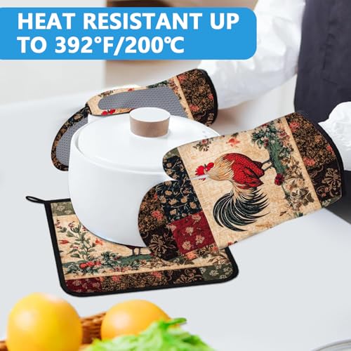 Rustic Rooster Oven Mitts and Pot Holders Sets Heat Resistant 4Pcs Potholders Oven Gloves Hot Pads for Kitchen Baking Cooking Grilling BBQ (4 Count)