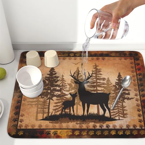 Forest Deer Dish Drying Mat Wildlife Animal Dishes Pad 18"x24" Microfiber Absorbent Fast Dry Drainer Rack Mats for Kitchen Countertop Decor