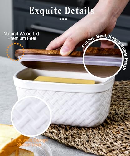 Ceramic Butter Dish with Wood Lid for Countertop