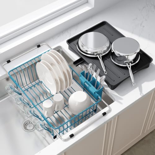 Blue Dish Drying Rack in Sink with Drainboard and Utensil Holder