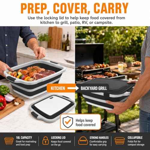 BBQ Prep Tub 16L Black Collapsible Sink with Cutting Board Lid (4.2 Count)