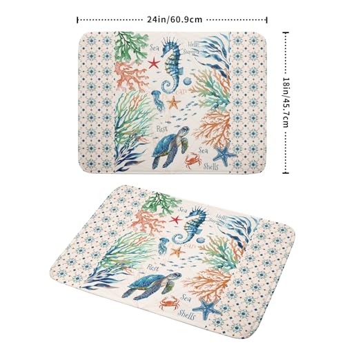 Nautical Coastal Dish Drying Mat Sea Turtle Seahorse Dish Drainer Pad 18"x24" Microfiber Reversible Fast Dry Pad for Kitchen Counter Decor