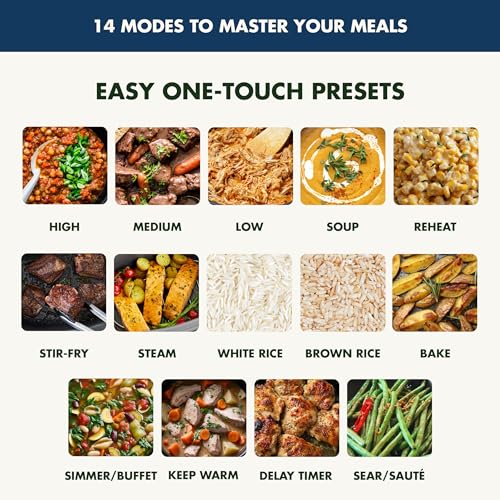 Elite 14-in-1 Nonstick 6QT Electric Slow Cooker, PFAS-Free Ceramic Multi-Cooker, In-Pot Browning, Dishwasher Safe Lid & Removable Crock, Stainless Steel Steamer, Silicone Handles, Oxford Blue
