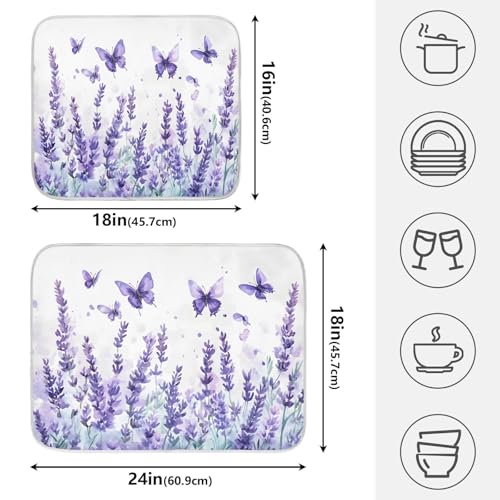 Purple Lavender Spring Summer Flower Floral Dish Drying Mat for Kitchen Counter Absorbent Microfiber Small Drying Pad Dish Mats for Kitchen Countertops 16 x 18 Inch