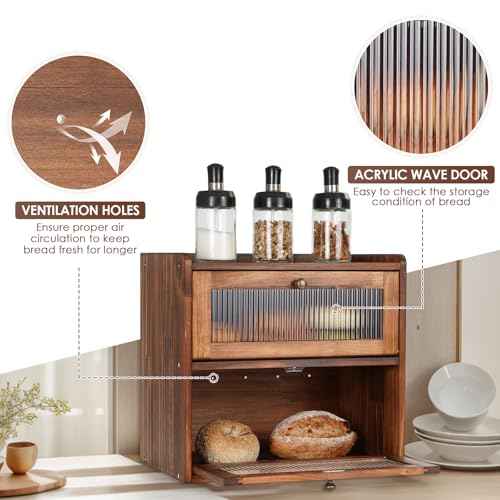 Bread Box for Kitchen Countertop Wooden Bread Storage Container Bin 2 Layer Breadbox Holder Large Capacity Keeper Vintage Farmhouse Food Organizer Pantry Shelf Acrylic Window（Black）