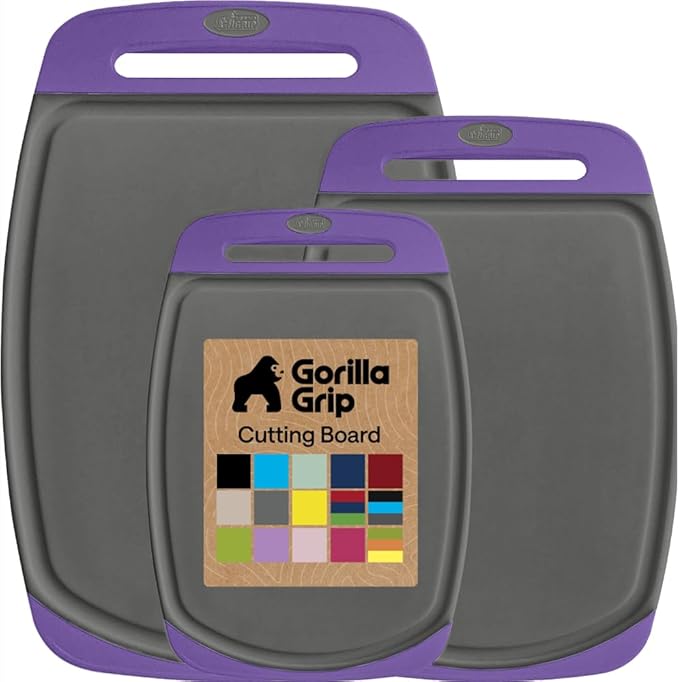 GORILLA GRIP BPA-Free Reversible Kitchen Cutting Board Set of 3, US Designed, Nonporous, Juice Grooves Catch Liquid, Slip Resistant Border, Dishwasher Safe, Durable Food Chopping Boards, Gray Purple
