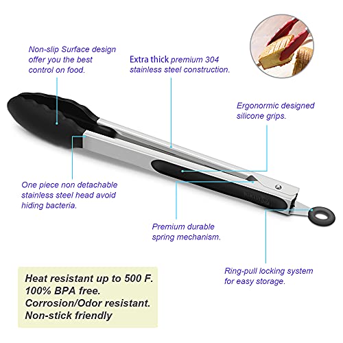 4 Pack Black Silicone Kitchen Tongs Set (4 Count)