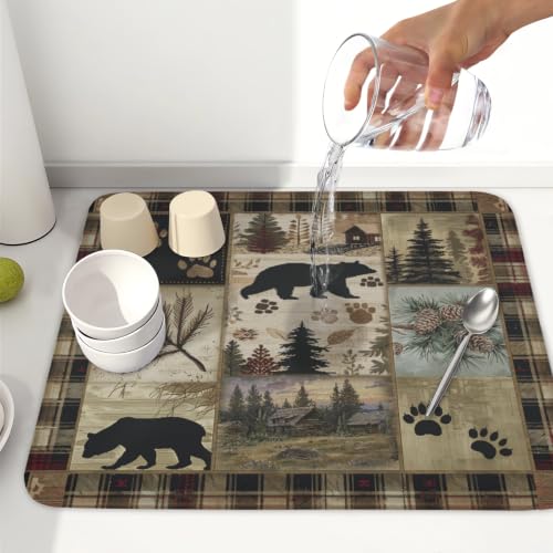 Black Bear Dish Drying Mat Forest Cabin Decorative Dishes Pad 16x18 Inch Absorbent Fast Dry Dish Drainer Rack Mats for Kitchen Counter Sink