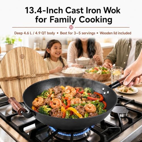 Cast Iron Wok Pan with Wooden Lid