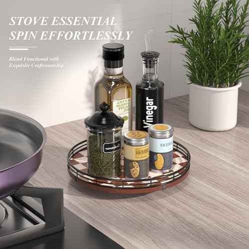 10 Inch Brown Checkerboard Lazy Susan Organizer with Black Metal Rail