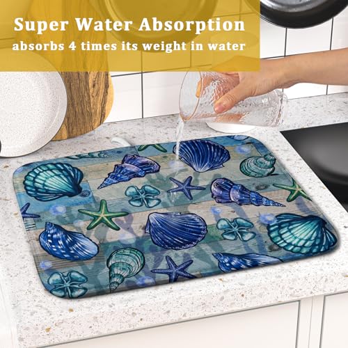 Starfish Seashell Dish Drying Mat 16x18 inch Coastal Beach Dish Drainer Rack Pad Absorbent Microfiber Fast Dry Kitchen Counter Accessories
