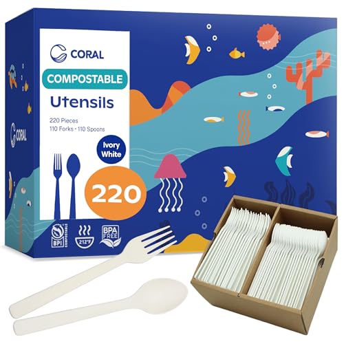 Ivory White Compostable Heavy Duty Spoons & Forks Set 220 Pieces Bulk (220 Count)