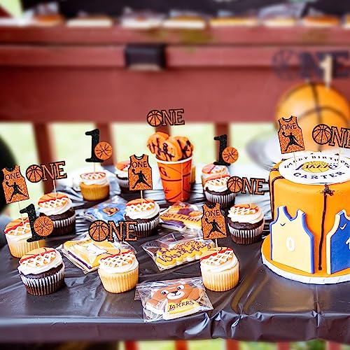 24Pcs Basketball One Cupcake Toppers Glitter Number 1 First Birthday Basketball Cupcake Picks for Sports Theme Baby Shower Kids 1st Birthday Party Cake Decorations Supplies (24 Count)