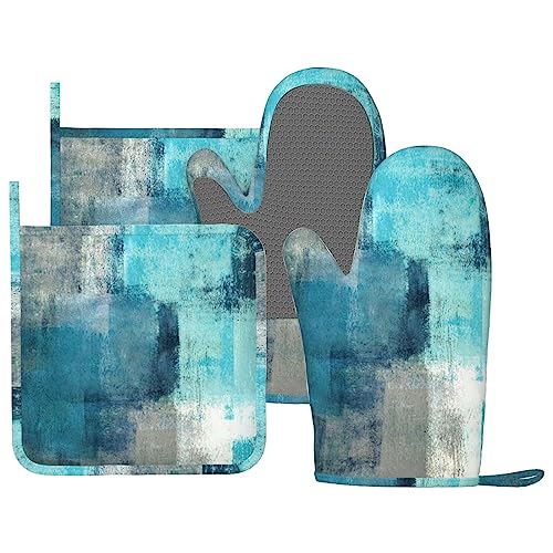 Modern Art Abstract Gery Turquoise Oven Mitts and Pot Holders Sets Silicone Turquoise Kitchen Mitts Potholders Heat Resistant 4Pcs Teal Oven Gloves Hot Pads for Kitchen Baking Cooking BBQ (4 Count)