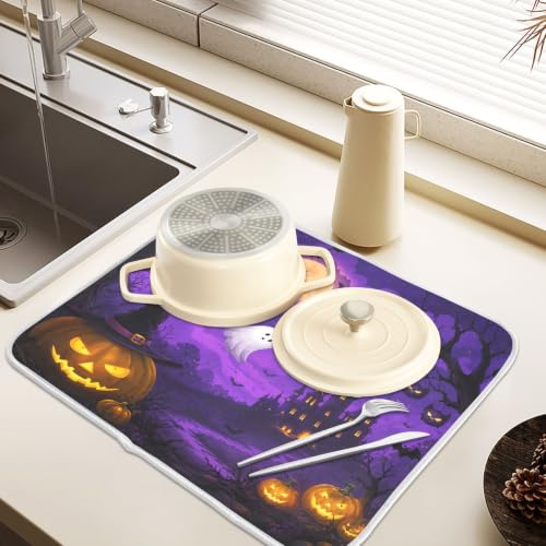 Halloween Scary Night Pumpkin Lanterns Purple Castle Dish Drying Mat for Kitchen Counter Absorbent Microfiber Large Drying Pad Dish mats for Kitchen Countertops 18 x 24 Inch
