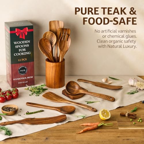 12 Piece Teak Wood Cooking Utensil Set With Holder (12 Count)