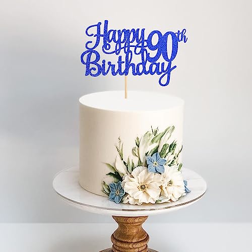 1 PCS Happy 90th Birthday Cake Topper Glitter Cheers to 90 Years Birthday Cake Pick Ninety 90 Fabulous Cake Decoration for Happy 90th Birthday Theme Party Decorations Supplies Blue