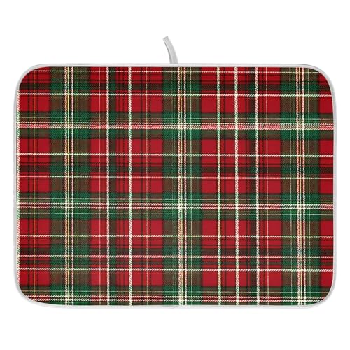 Christmas Red Green Buffalo Checkered Dish Drying Mat for Kitchen Counter Absorbent Microfiber Small Drying Pad Dish Mats for Kitchen Countertops 16 x 18 Inch