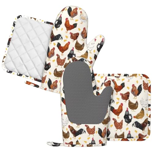 Rooster Hen Oven Mitts and Pot Holders Sets Silicone Rustic Domestic Animal Chicken Kitchen Mitts Potholders Heat Resistant 4Pcs Oven Gloves Hot Pads for Kitchen Baking Cooking BBQ Grilling (4 Count)