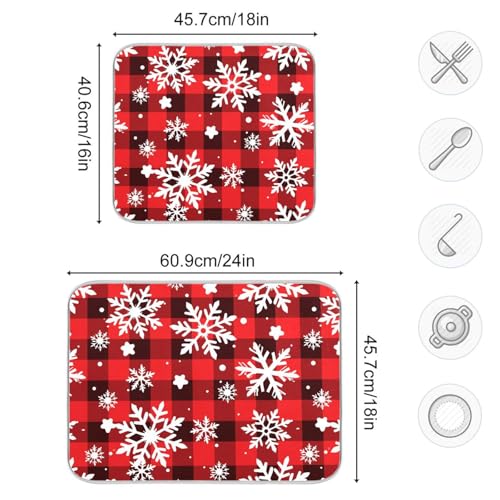 Snowflakes Christmas Tartan Plaid Dish Drying Mat for Kitchen Counter Absorbent Microfiber Drying Pad