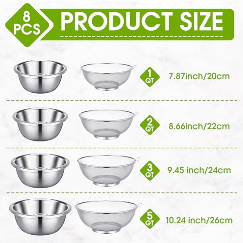 8 Pcs Stainless Steel Microporous Colander Set with 1.2qt 2qt 3qt 5qt Capacity Strainer with Metal Mixing Bowls (8 Count)