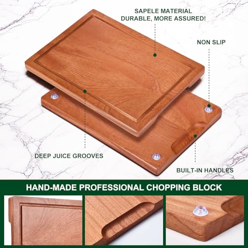 Wooden Cutting Board Set of 4 with Holder Solid Wood Chopping Boards for Kitchen with Juice Grooves Thick Large Cutting Board