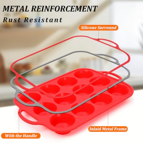 Silicone Muffin Pan with Metal Reinforced Frame Regular Size Muffin Pan with Handle Easy to Move 12 Cups for Baking Nonstick Muffin Tin BPA Free 1 Pack Red
