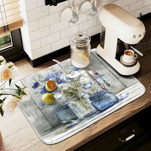 Vintage Blue White Flower Jars3 Dish Drying Mat for Kitchen Counter Absorbent Microfiber Small Drying Pad Dish mats for Kitchen Countertops 16 x 18 Inch