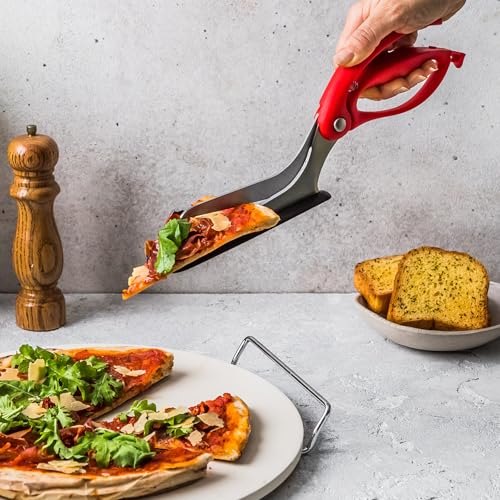 Scizza 2-In-1 Easy Ergonomic Pizza Scissors with Stainless Steel Pizza Cutter Blades & Non-Stick Slice Server - Red