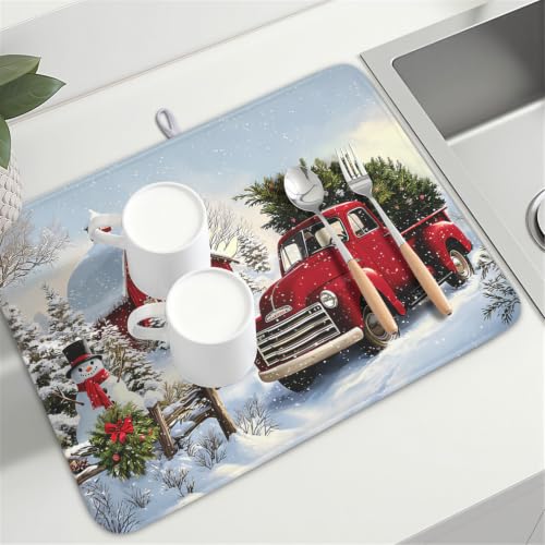 Red Truck Dish Drying Mat Winter Xmas Tree Drainer Rack Pad 18"x24" Microfiber Absorbent Quick Dry Dish Sink Mat for Table Kitchen Counter