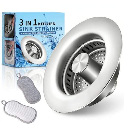 3-in-1 Kitchen Sink Drain Strainer and All-Purpose Scrub Sponges, Sink Stopper Pop-Up Drain Plug with Anti-Clogging Food Catcher Basket, Fits US Standard 3-1/2 Inch Sinks,Sponge Cleaning Dish