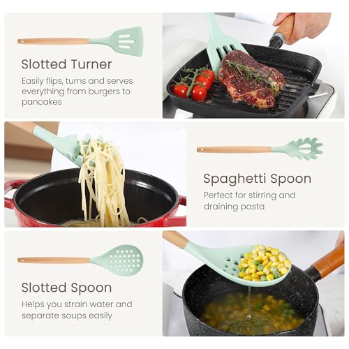26 Piece Food Grade Silicone Kitchen Utensils Set with Wooden Handles (26 Count)