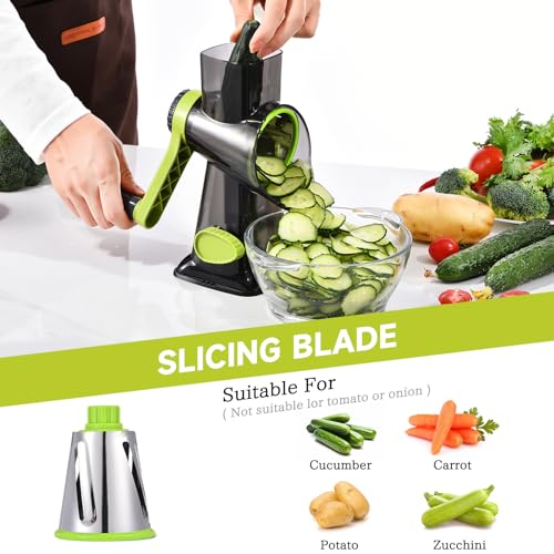 Rotary Cheese Grater with Handle Kitchen Shredder Slicer Grater Slicer Ice Shaver Cheese Vegetable Nuts Potato Zucchini Chocolate 3 Interchangeable Blades