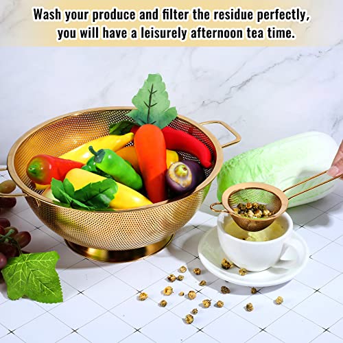 5 Quart Gold Colander and 3 Metal Fine Mesh Strainer Set