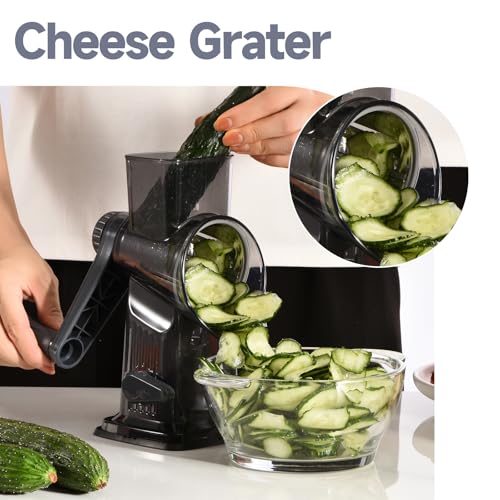 Rotary Cheese Grater with Handle Kitchen Shredder Slicer Grater Slicer Ice Shaver Cheese Vegetable Nuts Potato Zucchini Chocolate 3 Interchangeable Blades