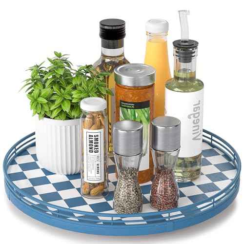 Blue and White Checkerboard Lazy Susan with Rubberwood Base and Metal Rail