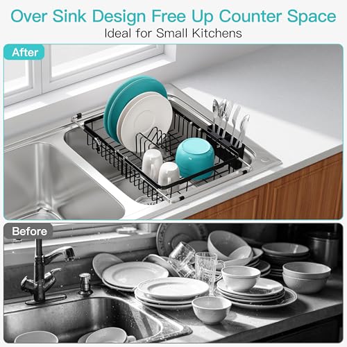 Black Dish Drying Rack Over the Sink with Utensil Holder