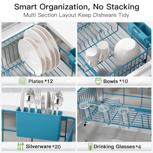 Blue Dish Drying Rack in Sink with Drainboard and Utensil Holder