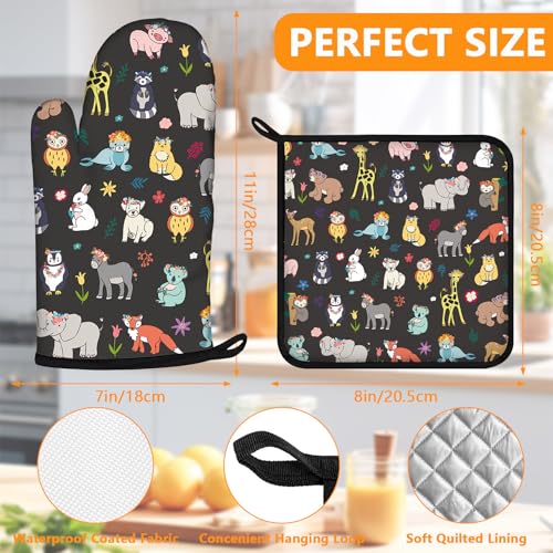Cute Animals Oven Mitts and Animal World Pot Holders Sets 4Pcs