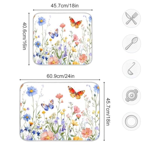 Wildflowers Butterfly Dish Drying Mat for Kitchen Counter Absorbent Microfiber Drying Pad