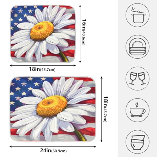 Daisy Flowers and American Flag Dish Drying Mat for Kitchen Counter Absorbent Microfiber Large Drying Pad Dish Mats for Kitchen Countertops 18 x 24 Inch