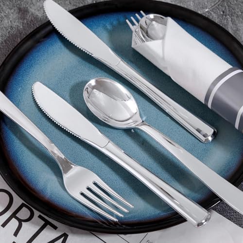 400PCS Pre Rolled Silver Plastic Silverware Heavy Duty for Wedding (400 Count)
